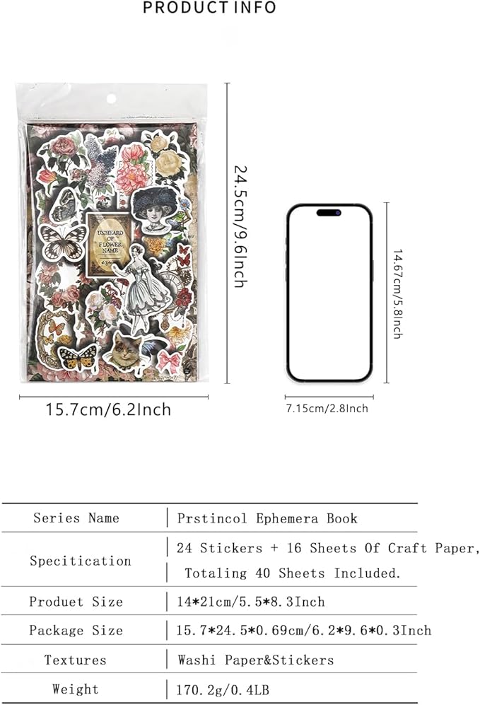 Prstincol Vintage Aesthetic Washi Stickers and Papers for Scrapbooking, 40 Sheets Ephemera Book for Art Journaling with Flower Butterfly Beauty Theme Stickers and Decoupage Papers for Junk Journal