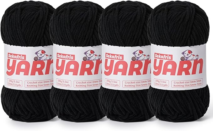 4 Pack Plush Chunky Chenille Yarn for Crocheting, Soft Fluffy Velvet Yarn for Crocheting Amigurumi, Fuzzy Baby Blanket Knitting 400g/524yds Bulky(4 Black)