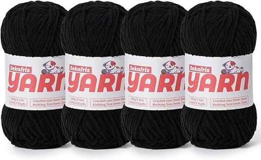 4 Pack Plush Chunky Chenille Yarn for Crocheting, Soft Fluffy Velvet Yarn for Crocheting Amigurumi, Fuzzy Baby Blanket Knitting 400g/524yds Bulky(4 Black)