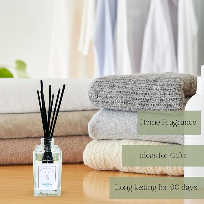 Preston and Lee Reed Diffuser Set | 100 ml (3.4 fl oz) Clean Cotton Scent | Reed Diffuser Set | Aromatherapy Diffusers | Natural Reed Diffuser Oil for Home and Spa Fragrance