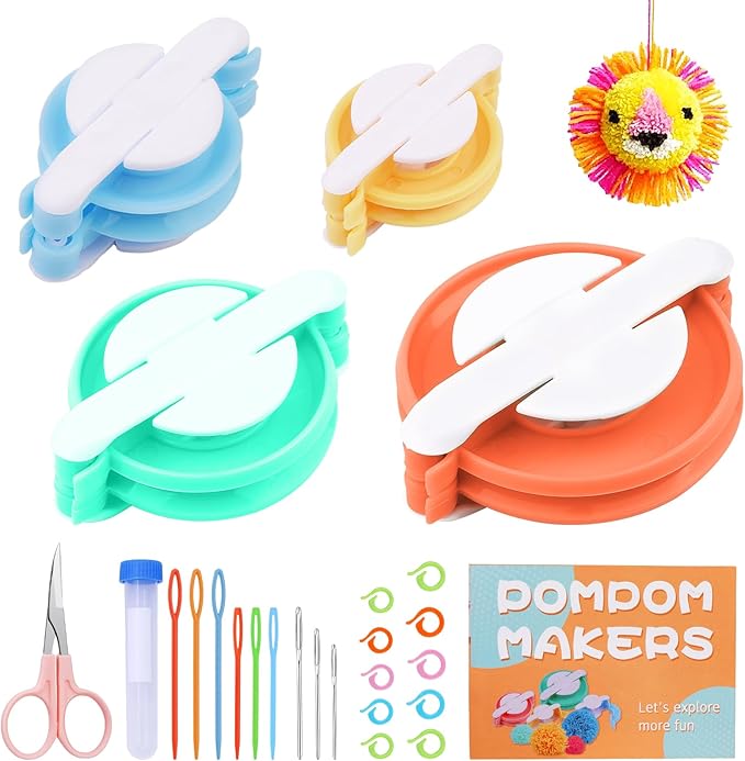FTEVEN 27Pcs Pom Pom Maker, 4 Size Pompom Maker Kit for Fluff Ball Weave, Crochet Knitting with Scissor and Instruction for Adult DIY Decoration Yarn Knitting Project