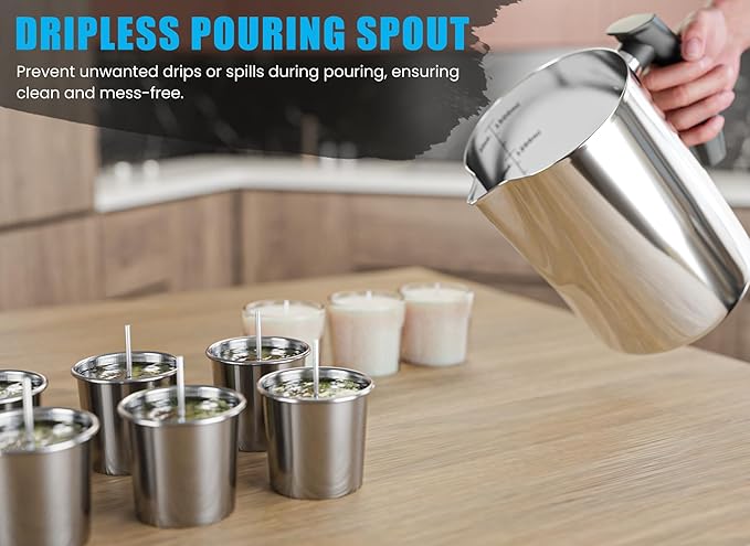 Natikon Candle Making Pouring Pot Stainless Steel Pitcher with Heat-Resistant Handle and Dripless Pouring Spout Design | 1500 ML/50 OZ