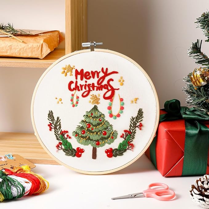 Christmas Embroidery Kits: 1 Pack Cross Stitch Kit for Beginners Adults, DIY Ornaments Craft Kit with All Tools & Instructions, Stamped Hand Embroidery Starter Kit for Holiday Crafts & Xmas Home Decor