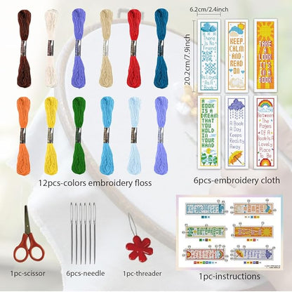 ORIGACH 6 Pcs Cross Stitch Bookmark Kit for Beginner Adults, Reading Sayings Stamped Embroidery Bookmark Kit with Instruction for Starters Printed Cross Stitch DIY Kits for Book Lovers