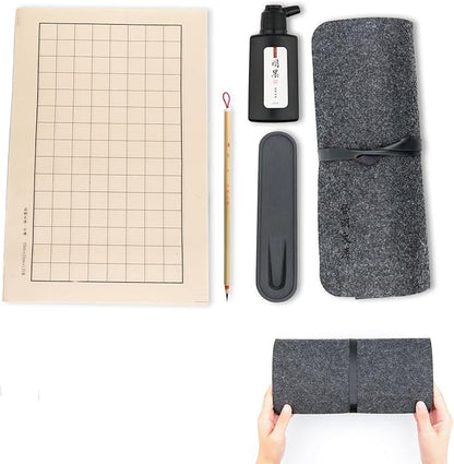 Qi Ming Wen Fang Professional Chinese Calligraphy Set Small Regular, Extra fine Calligraphy Brush, Weasel Hair Chinese Brush, Light-Glue Ink, Paper, Inkstone with Portable Roll-up Felt Mat (5pcs Set)