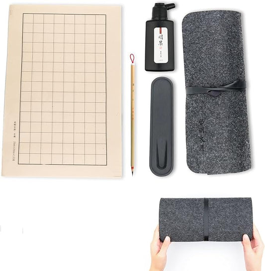 Qi Ming Wen Fang Professional Chinese Calligraphy Set Small Regular, Extra fine Calligraphy Brush, Weasel Hair Chinese Brush, Light-Glue Ink, Paper, Inkstone with Portable Roll-up Felt Mat (5pcs Set)