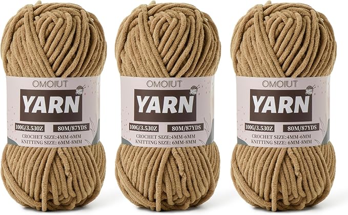 Fluffy Chenille Yarn for Crocheting - Baby Yarn for Crocheting Soft Blanket - 3 Pack of 100g/(87.4yds) Crochet Amigurumi Chunky Yarns - Super Bulky 5 Velvet Yarns (3 Light Coffee)