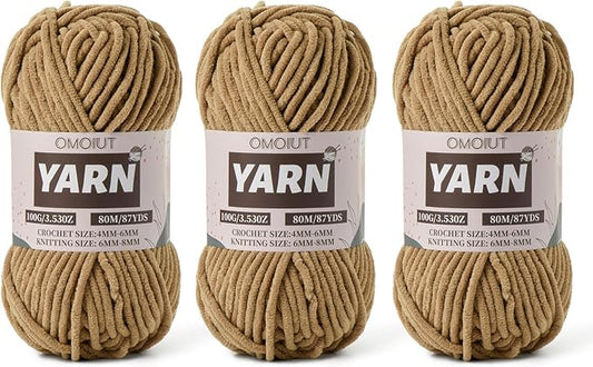 Fluffy Chenille Yarn for Crocheting - Baby Yarn for Crocheting Soft Blanket - 3 Pack of 100g/(87.4yds) Crochet Amigurumi Chunky Yarns - Super Bulky 5 Velvet Yarns (3 Light Coffee)