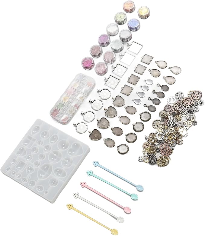 resins Jewelry Making Kit, DIY Pendant Silicone Kit with Dried Flowers and Gears, Reusable and to Demould, resins Mould Starter Kit for Beginners, Includes Various Sizes and Shap