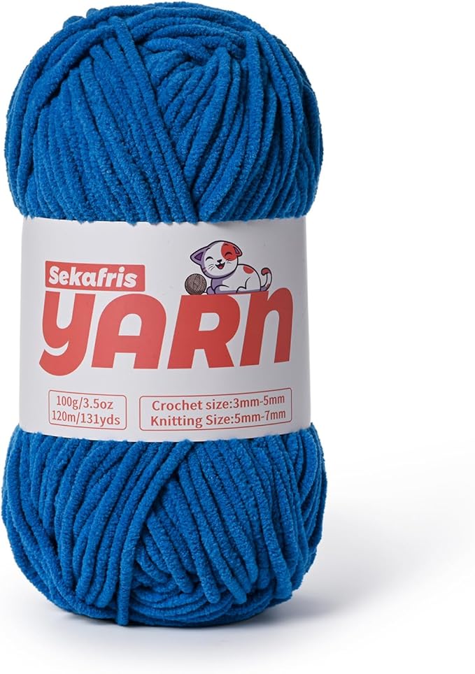 Plush Chunky Chenille Yarn for Crocheting Amigurumi, Soft Fluffy Velvet Yarn for Crocheting, Fuzzy Baby Blanket Knitting 100g/131yds Bulky（Blue）