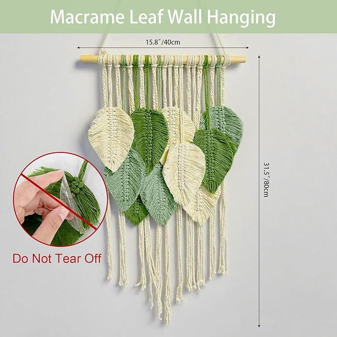 Macrame Wall Hanging Boho Wall Tapestry Handmade Woven Leaf Wall Decor Crochet Wall Art for Home Office Apartment (Green, 15.8" W X 31.5" L)