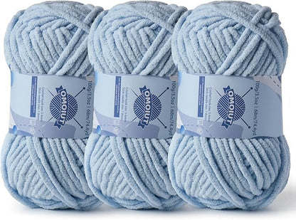 Chunky Chenille Yarn for Crocheting，Baby Yarn for Crocheting Soft Blankets，Bulky Yarns for Crochet Amigurumi，3×100g (3×74.3yds) Fluffy Velvet Yarns for Hand Knitting (3 Sky Blue)