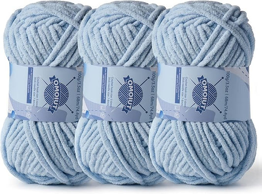 Chunky Chenille Yarn for Crocheting，Baby Yarn for Crocheting Soft Blankets，Bulky Yarns for Crochet Amigurumi，3×100g (3×74.3yds) Fluffy Velvet Yarns for Hand Knitting (3 Sky Blue)