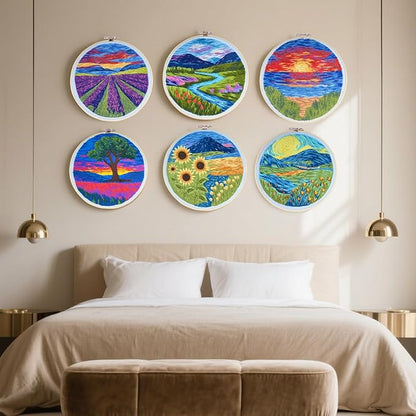 Maydear 6 Pack Embroidery Starter Kit with Pattern, Stamped Cross Stitch Kits for Beginners Adults with Embroidery Hoop and Instructions, Hand Embroidery Kit (Landscape six Sets)
