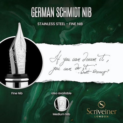 Scriveiner British Racing Green Fountain Pen - Stunning Luxury Pen with Chrome Finish, Schmidt Nib (Fine), Best Pen Gift Set for Men & Women, Professional, Executive, Office, Nice Pens