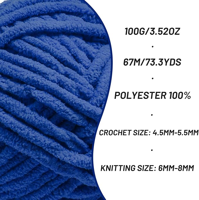 Chunky Chenille Yarn for Crocheting，Baby Yarn for Crocheting Soft Blankets，Bulky Yarns for Crochet Amigurumi，2×100g (2×74.3yds) Fluffy Velvet Yarns for Hand Knitting (2 Sapphire Blue)