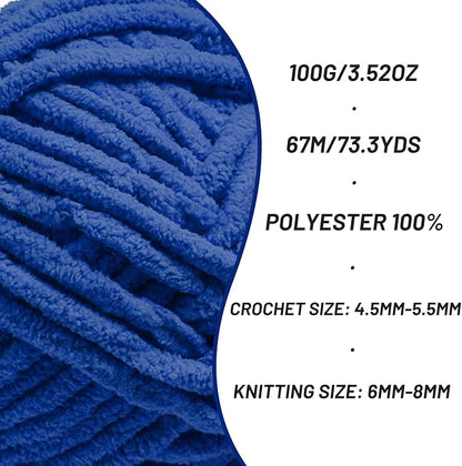 Chunky Chenille Yarn for Crocheting，Baby Yarn for Crocheting Soft Blankets，Bulky Yarns for Crochet Amigurumi，4×100g (4×74.3yds) Fluffy Velvet Yarns for Hand Knitting (4 Sapphire Blue)