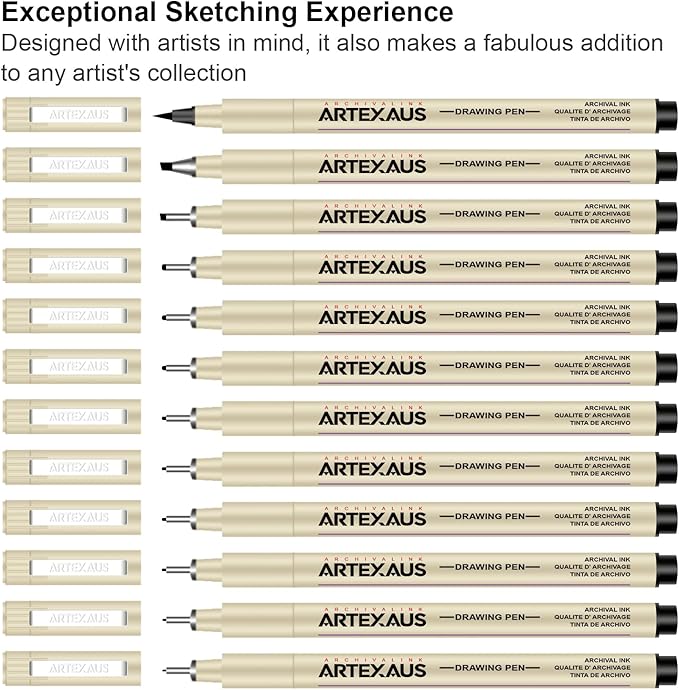 Micro Fineliner Drawing Art Pens, 12 Assorted Sizes, Waterproof Archival Ink, Art Supplies for Adults Sketching, Calligraphy, Technical Illustrators.