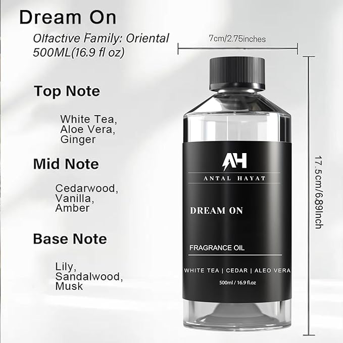 Antal Hayat Dream on Essential Oil Scent 500mL - Luxury Home Aromatherapy Diffuser Oil - Formulated with Hints of Bright White Tea, Sweet Vanilla, & Earthy Cedar - Inspired by One Hotel Miami Beach