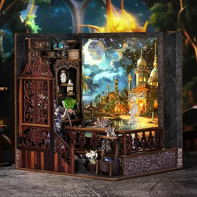 Foyucool DIY Book Nook Kit, Miniature Bookshelf Decor with LED Lights, Laser-Cut Wooden Craft Set for Adults, Creative Gift for Christmas, Birthday, Magic Exploration
