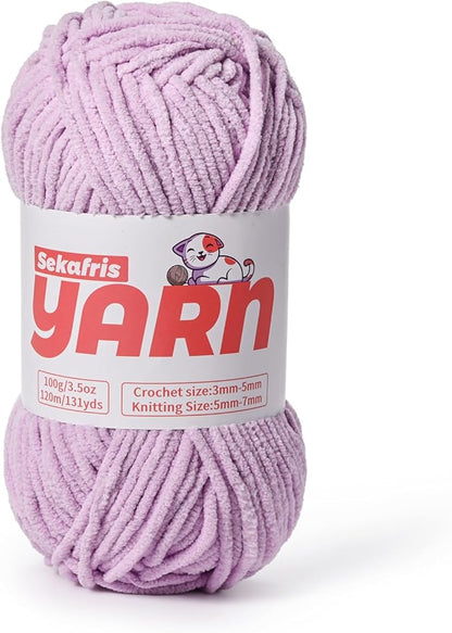 Plush Chunky Chenille Yarn for Crocheting, Soft Fluffy Velvet Yarn for Crocheting, Fuzzy Baby Blanket Knitting Yarns, 100g/131yds Bulky Amigurumi Yarns（Light Purple）