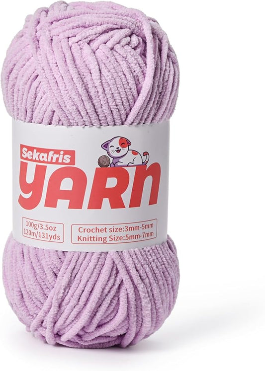 Plush Chunky Chenille Yarn for Crocheting, Soft Fluffy Velvet Yarn for Crocheting, Fuzzy Baby Blanket Knitting Yarns, 100g/131yds Bulky Amigurumi Yarns（Light Purple）