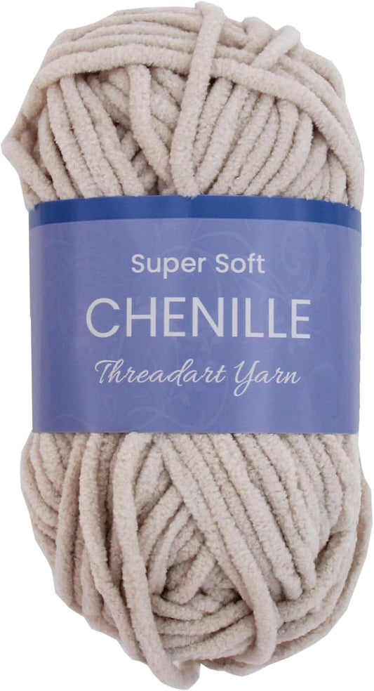 ThreadArt Chenille Yarn for Crocheting, Knitting, Amigurumi, Super Soft Plush Velvet Yarn - 50 Gram 60 yds #5 Fluffy Yarn Skeins - Natural 03