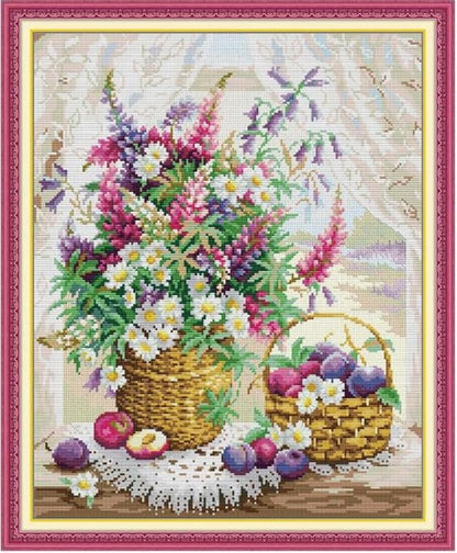 Qeerysew Cross Stitch Kits Stamped Full Range of Embroidery Starter Kits for Beginners DIY - Printed kit Window sill Flower Basket(Printed) 11CT20×24 inches