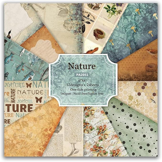 DESEACO Vintage 6x6 Inch Scrapbook Paper Pad, Single-Sided 12 Unique Nature Designs, Ideal for DIY Crafting, Card Making and Journaling - 24 Sheets