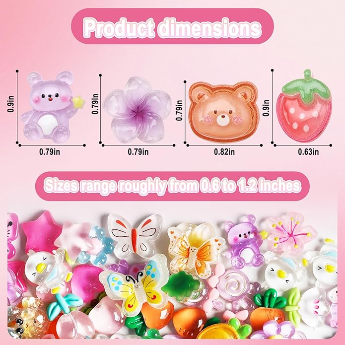 120Pcs Slime Charms Cute Set Mixed Colors Flatback Resin Charm Kawaii Embellishments for DIY Crafts Bulk Assorted Ornament Making kit Accessories for Phone Junk Cases Scrapbooking Decorations