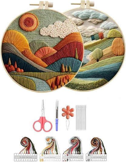 Hzkokon 2 Pack Embroidery Kit for Beginners Adults Cross Stitch Kits Hand Embroidery Kit Includes Stamped Flower Pattern, Hoop, Color Threads,Tools & Follow Instruction