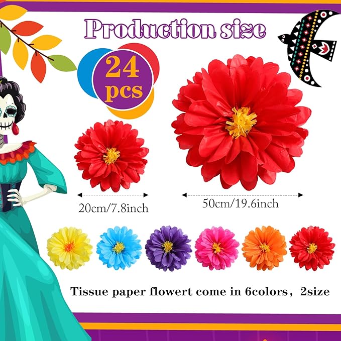24 Pcs 10" 20" Giant Mexican Fiesta Paper Flowers Colorful Tissue Crepe Flowers Pom Poms Craft for Floral Party Backdrop Wedding Birthday Party (Classic Color)
