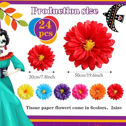 24 Pcs 10" 20" Giant Mexican Fiesta Paper Flowers Colorful Tissue Crepe Flowers Pom Poms Craft for Floral Party Backdrop Wedding Birthday Party (Classic Color)