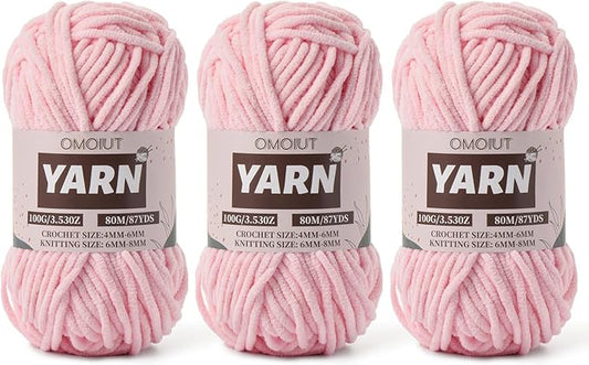 Fluffy Chenille Yarn for Crocheting - Baby Yarn for Crocheting Soft Blanket - 3 Pack of 100g/(87.4yds) Crochet Amigurumi Chunky Yarns - Super Bulky 5 Velvet Yarns (3 Pink)