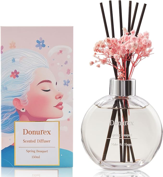 Donurex Flower Reed Diffuser Set 5.07oz Spring Bouquet Scent Diffuser with Sticks Home Fragrance Reed Diffuser for Bathroom Shelf Decor