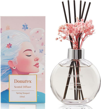 Donurex Flower Reed Diffuser Set 5.07oz Spring Bouquet Scent Diffuser with Sticks Home Fragrance Reed Diffuser for Bathroom Shelf Decor