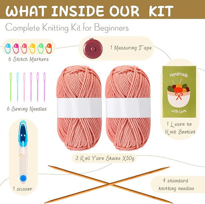 GliCraft Knitting Kit for Beginners Learn to Knit Kit for Adults Gloves Starter Bundle with Step-by-Step Instructions Includes Wool Yarn, Needles & Accessories(Pink)