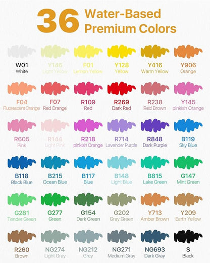 JusArt 36 Colors Acrylic Paint Markers with Canvas Bag, Water-Based No-Bleed Paint Pens with Automatic Ink Control, Waterproof Brush Tip Markers for DIY Art & Crafts -Fabric, Rock, Wood, Glass, Metal