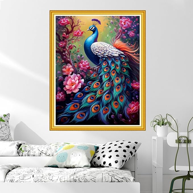 DMCVIVR Stamped Cross Stitch Kits for Beginners Adults Needlepoint Kits for Beginners Embroidery Kits for Adults Crossstitch Kit for Beginners 11CT-Peacock Flowers 16x20 inch