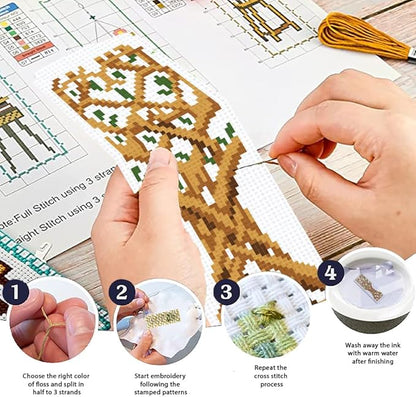 ORIGACH 6 Set Tree of Life Cross Stitch Bookmark Kit for Beginner with Backing Felt Floss Instructions DIY Stamped Embroidery Bookmark Kit for Adults, Book Lovers