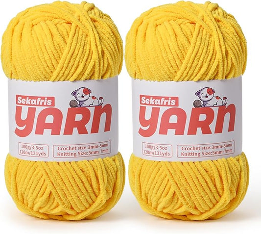 2 Pack Plush Chunky Chenille Yarn for Crocheting, Soft Fluffy Velvet Yarn for Crocheting Amigurumi, Fuzzy Baby Blanket Knitting 200g/262yds Bulky(2 Golden Yellow)