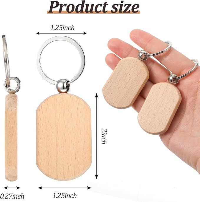 70 PCS Wooden Keychain Blanks, Wood Engraving Blanks Key Chain, Unfinished Rectangle Round Wood Key Tag for DIY Crafts