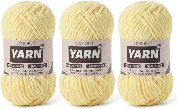 Fluffy Chenille Yarn for Crocheting - Baby Yarn for Crocheting Soft Blanket - 3 Pack of 100g/(87.4yds) Crochet Amigurumi Chunky Yarns - Super Bulky 5 Velvet Yarns (3 Light Yellow)