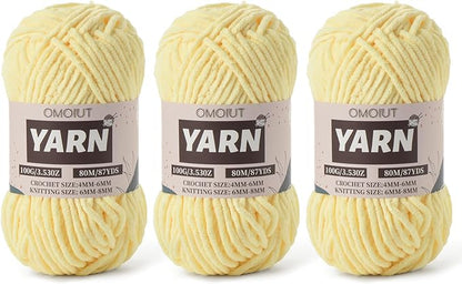 Fluffy Chenille Yarn for Crocheting - Baby Yarn for Crocheting Soft Blanket - 3 Pack of 100g/(87.4yds) Crochet Amigurumi Chunky Yarns - Super Bulky 5 Velvet Yarns (3 Light Yellow)