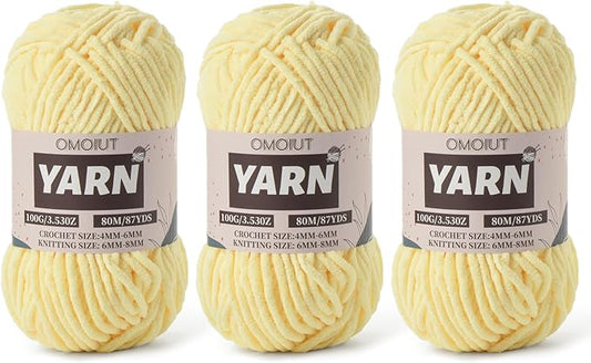 Fluffy Chenille Yarn for Crocheting - Baby Yarn for Crocheting Soft Blanket - 3 Pack of 100g/(87.4yds) Crochet Amigurumi Chunky Yarns - Super Bulky 5 Velvet Yarns (3 Light Yellow)