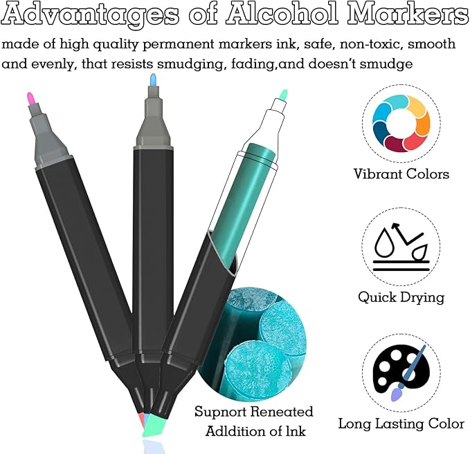 Cautyfky 60 Colors Dual Tip Alcohol Markers, Dual Tips Art Markers, Permanent Sketch Marker Set for Adults Coloring, Painting, Sketching, Illustrations