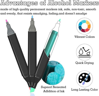 Cautyfky 60 Colors Dual Tip Alcohol Markers, Dual Tips Art Markers, Permanent Sketch Marker Set for Adults Coloring, Painting, Sketching, Illustrations