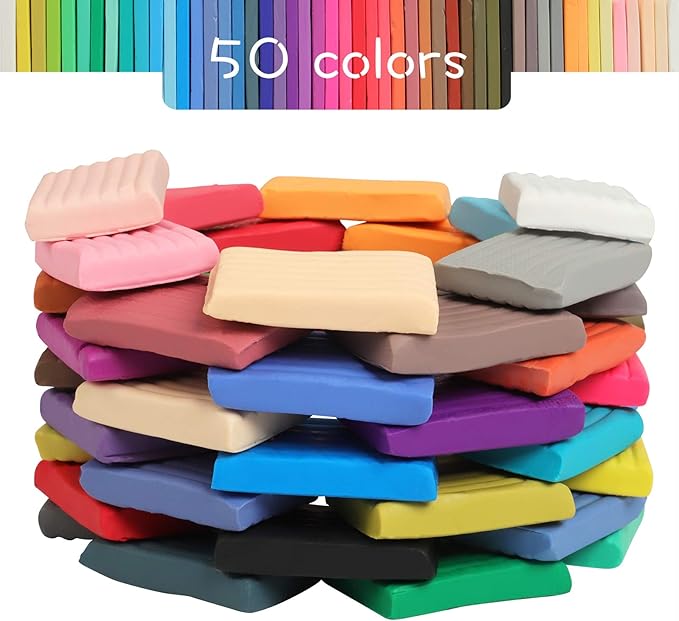 Polymer Clay 50 Colors, Modeling Clay for Kids DIY Starter Kits, Oven Baked Model Clay, Non-Sticky Molding Clay with Sculpting Tools, Gift for Children and Artists (50 Colors)
