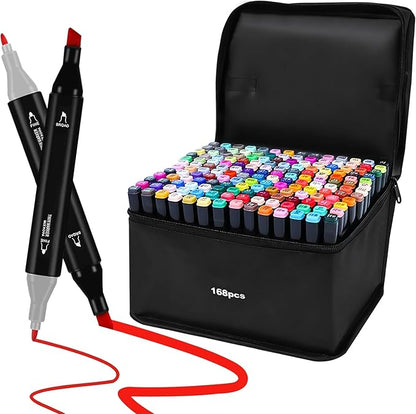 Dual Tip Alcohol Markers, Color Markers Pens, Permanent Marker, Assorted, For Adult Coloring Books, Note Taking Coloring Writing, Teacher Office Supplies, Drawing Art Supplies Kit (168 Colors)