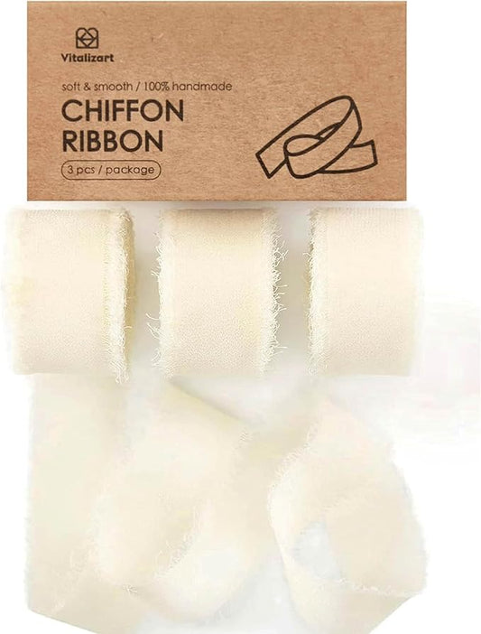 Vitalizart Ivory White Chiffon Silk Ribbon 1" x 21 Yd Fringe Fabric Package (3 Rolls * 7 Yd) for Wedding Invitations Bridal Bouquets Decorations Gifts Wrapping & Bow Making Cream